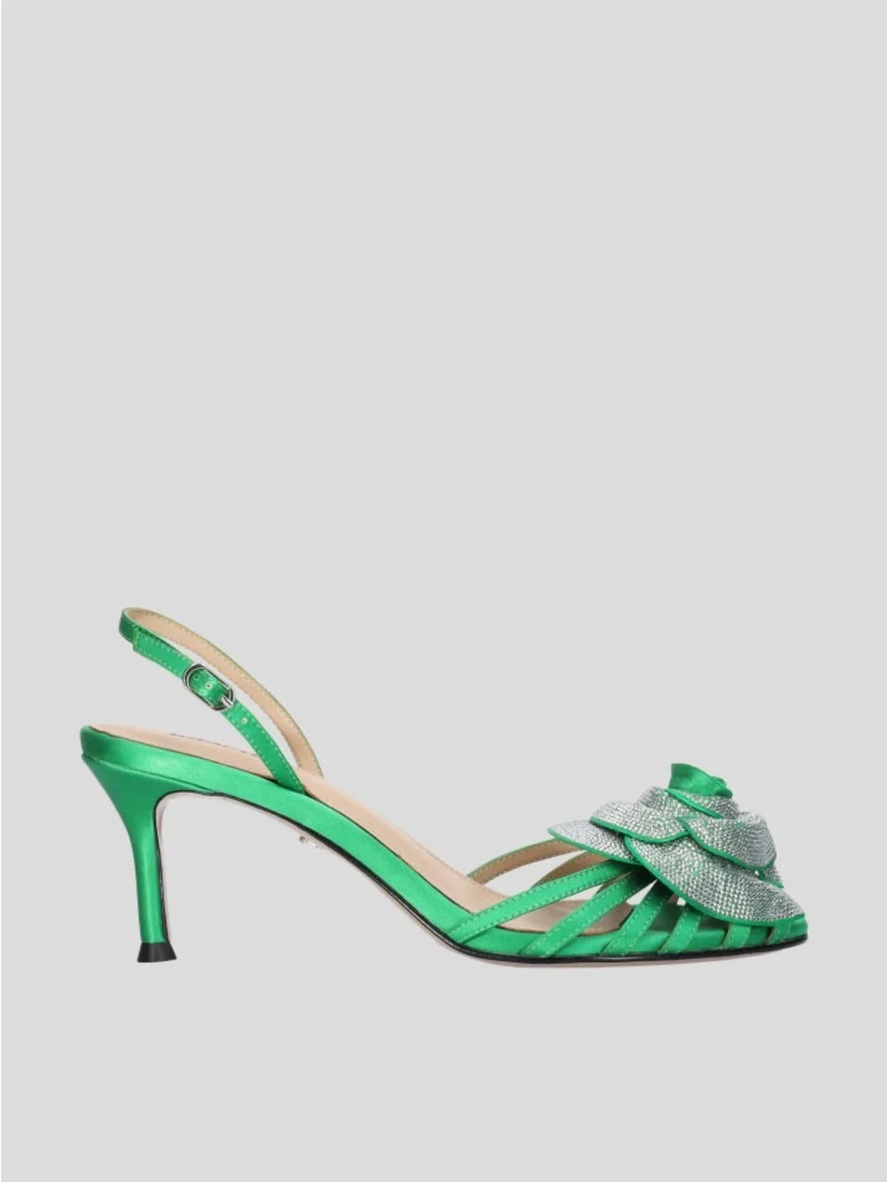LOLA CRUZ Green Satin Slingback Heels with Crystal Rose Detail
